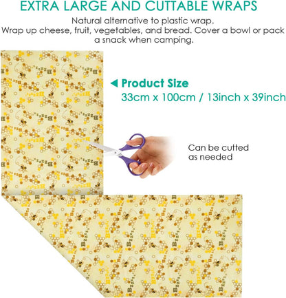 Reusable Beeswax Wraps 13 x 39 Inch Beeswax Wraps for Food Eco-Friendly Sustainable Food Storage Wraps for Sandwich, Cheese, Fruit, Bread, Snacks