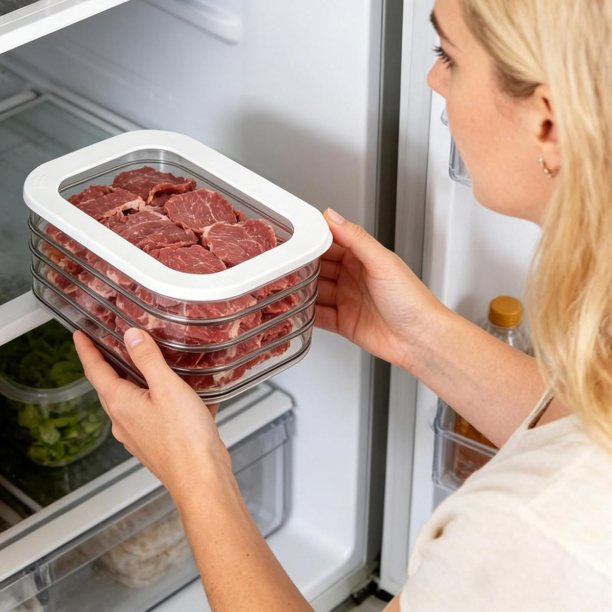Deli Meat Container for Fridge - Stackable Food Storage Box with Clear Lids & Clip, Plastic Meal Prep Tray for Deli Meat Bacon Cheese, Refrigerator Organization (1, White - 3 Layer)