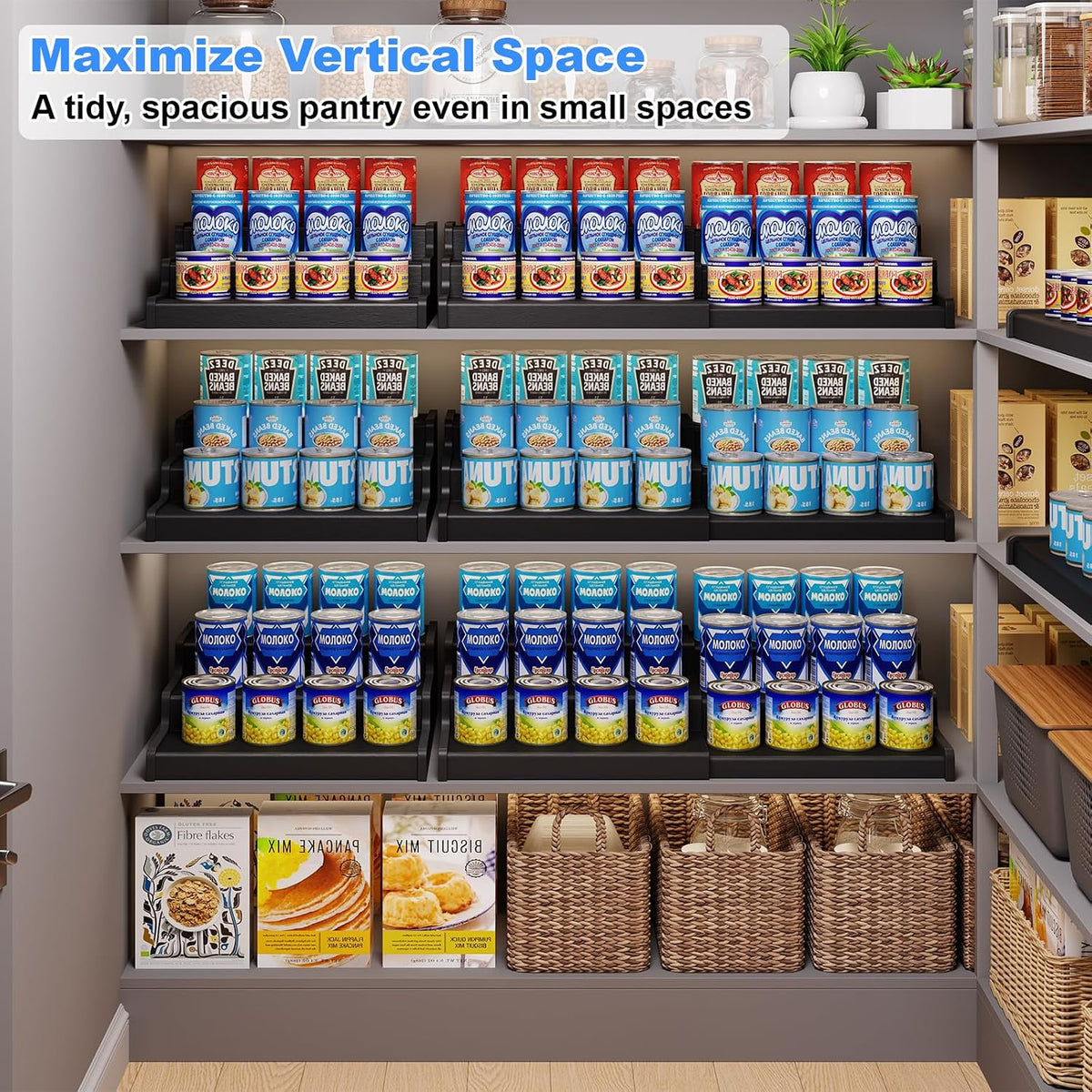 Expandable Bamboo Can Rack Organizer for Pantry, 3-Tier Adjustable Can Storage Holder, Soda Organizer Holds Up to 24 Cans, Canned goods Storage Display for Pantry, Cabinet, Countertop (patent pending)