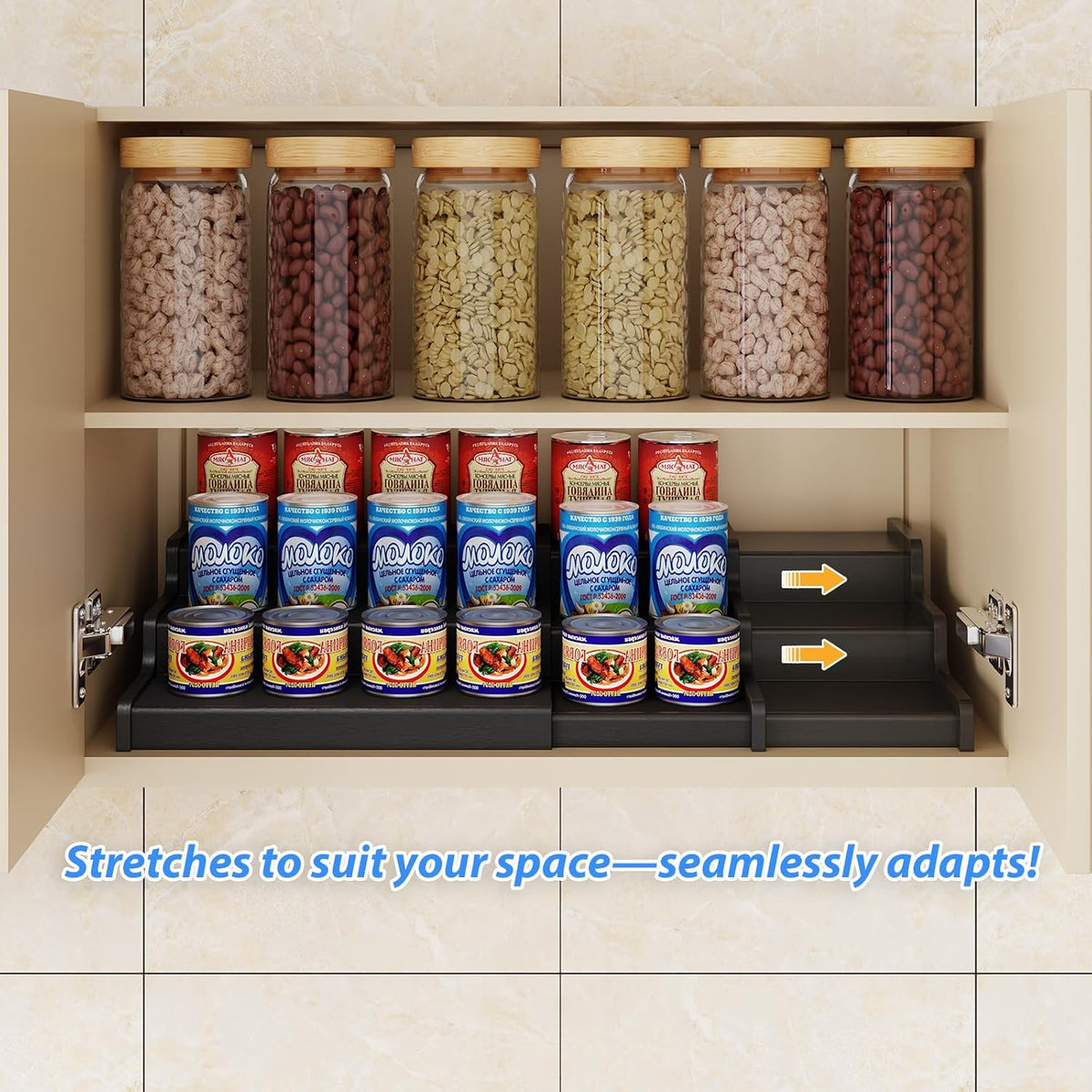 Expandable Bamboo Can Rack Organizer for Pantry, 3-Tier Adjustable Can Storage Holder, Soda Organizer Holds Up to 24 Cans, Canned goods Storage Display for Pantry, Cabinet, Countertop (patent pending)
