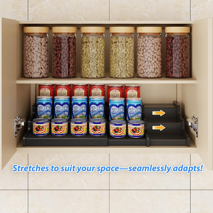 Expandable Bamboo Can Rack Organizer for Pantry, 3-Tier Adjustable Can Storage Holder, Soda Organizer Holds Up to 24 Cans, Canned goods Storage Display for Pantry, Cabinet, Countertop (patent pending)