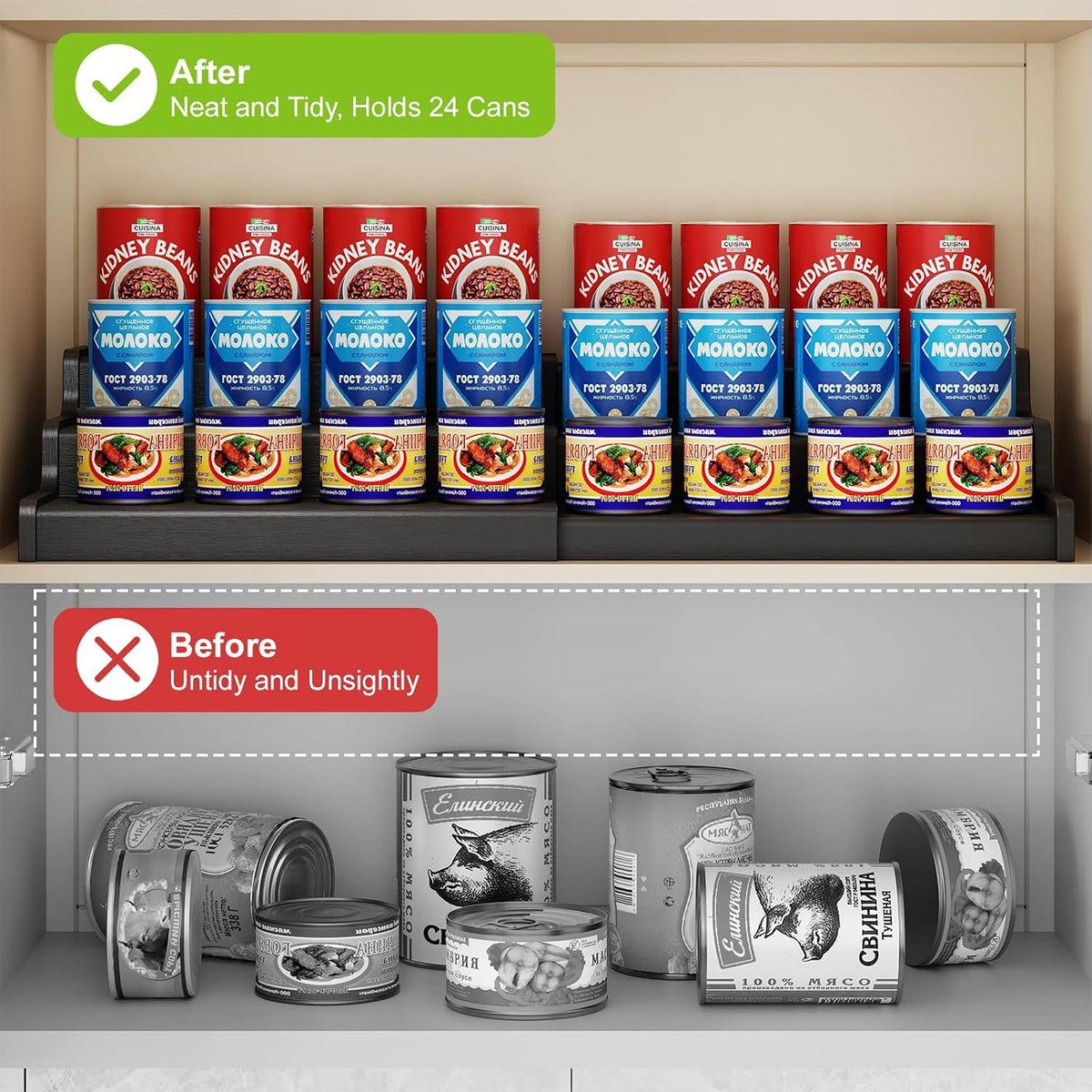 Expandable Bamboo Can Rack Organizer for Pantry, 3-Tier Adjustable Can Storage Holder, Soda Organizer Holds Up to 24 Cans, Canned goods Storage Display for Pantry, Cabinet, Countertop (patent pending)