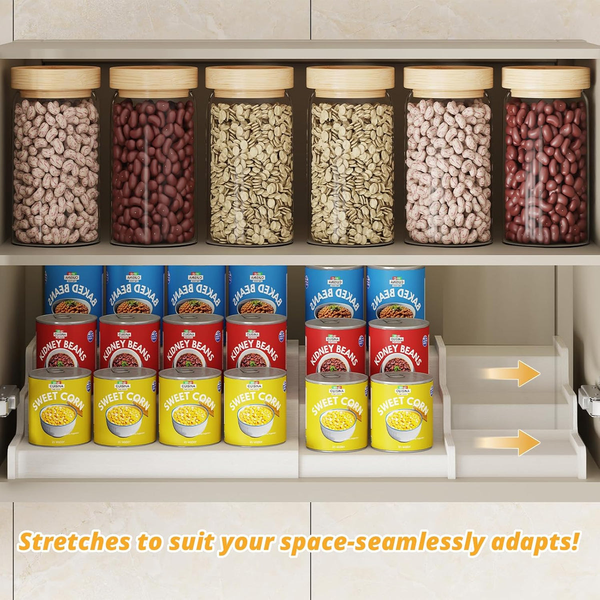 Expandable Bamboo Can Rack Organizer for Pantry, 3-Tier Adjustable Can Storage Holder, Soda Organizer Holds Up to 24 Cans, Canned goods Storage Display for Pantry, Cabinet, Countertop (patent pending)