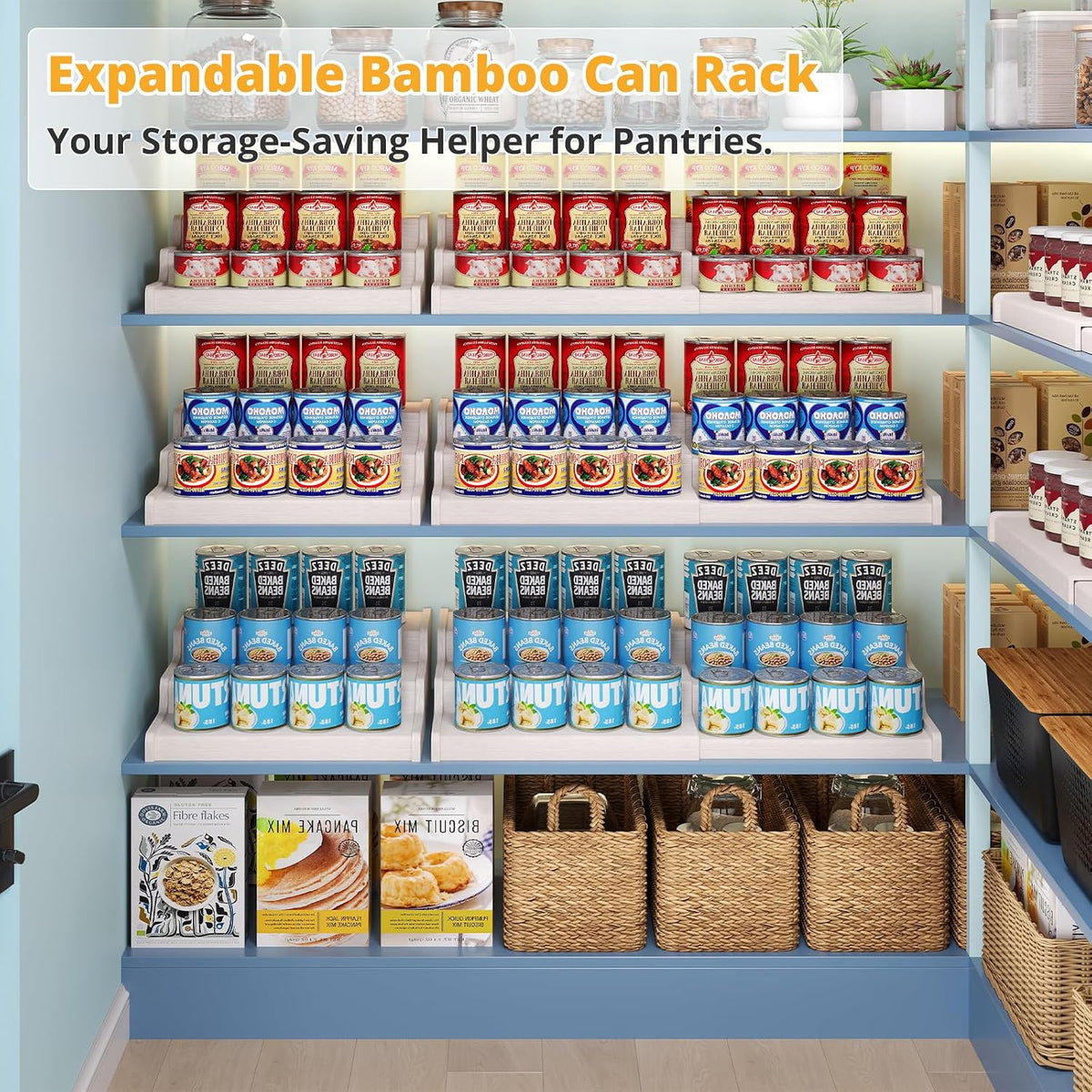 Expandable Bamboo Can Rack Organizer for Pantry, 3-Tier Adjustable Can Storage Holder, Soda Organizer Holds Up to 24 Cans, Canned goods Storage Display for Pantry, Cabinet, Countertop (patent pending)