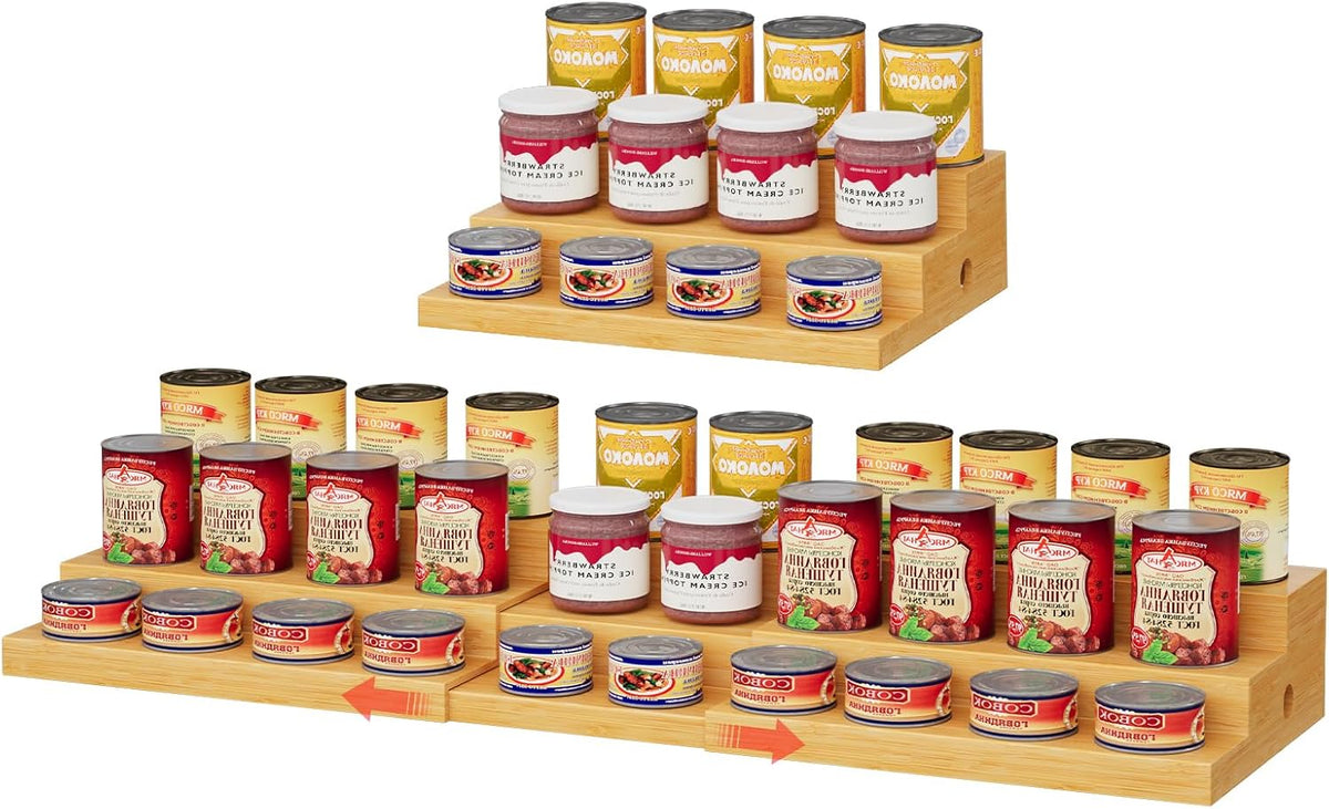 Expandable Bamboo Can Rack Organizer for Pantry, 3-Tier Adjustable Can Storage Holder, Soda Organizer Holds Up to 24 Cans, Canned goods Storage Display for Pantry, Cabinet, Countertop (patent pending)