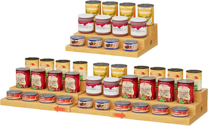 Expandable Bamboo Can Rack Organizer for Pantry, 3-Tier Adjustable Can Storage Holder, Soda Organizer Holds Up to 24 Cans, Canned goods Storage Display for Pantry, Cabinet, Countertop (patent pending)