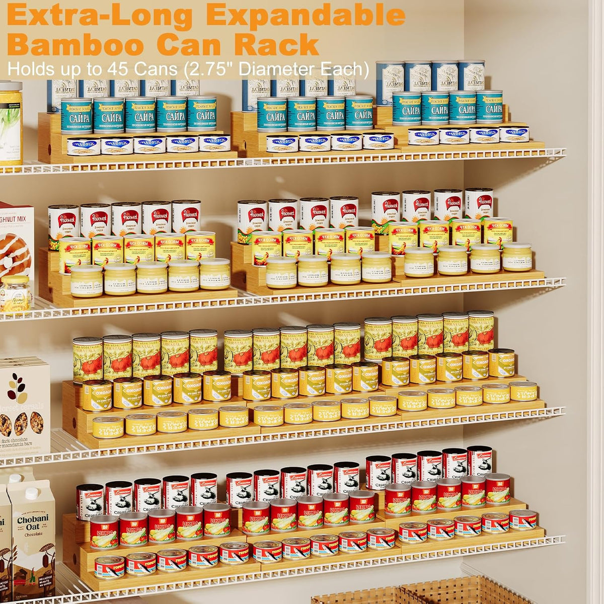 Expandable Bamboo Can Rack Organizer for Pantry, 3-Tier Adjustable Can Storage Holder, Soda Organizer Holds Up to 24 Cans, Canned goods Storage Display for Pantry, Cabinet, Countertop (patent pending)