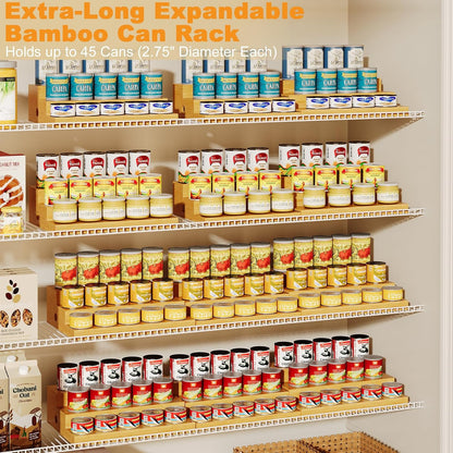Expandable Bamboo Can Rack Organizer for Pantry, 3-Tier Adjustable Can Storage Holder, Soda Organizer Holds Up to 24 Cans, Canned goods Storage Display for Pantry, Cabinet, Countertop (patent pending)
