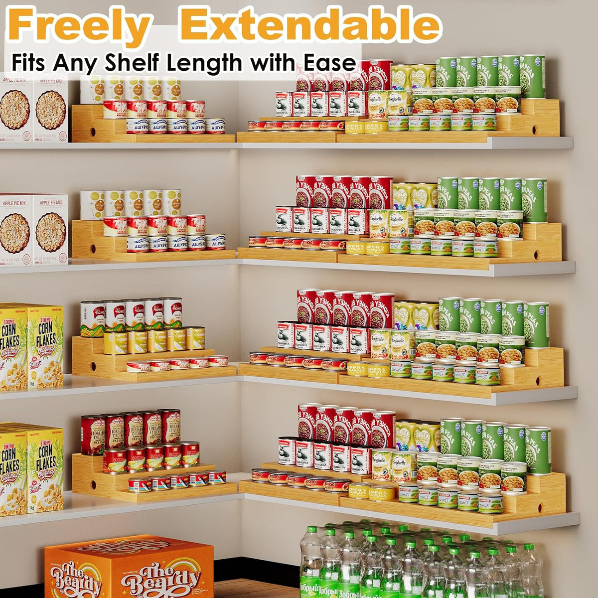 Expandable Bamboo Can Rack Organizer for Pantry, 3-Tier Adjustable Can Storage Holder, Soda Organizer Holds Up to 24 Cans, Canned goods Storage Display for Pantry, Cabinet, Countertop (patent pending)