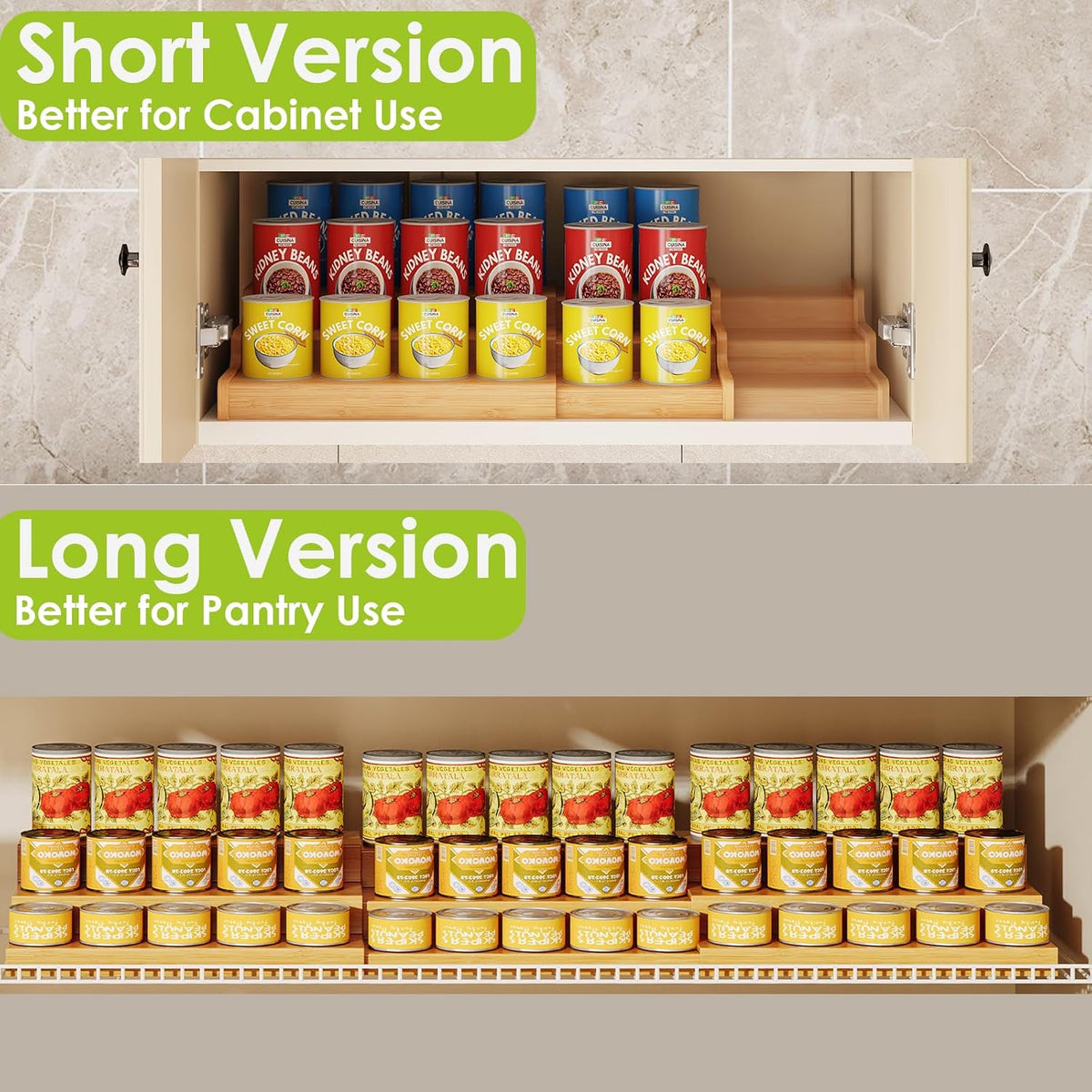 Expandable Bamboo Can Rack Organizer for Pantry, 3-Tier Adjustable Can Storage Holder, Soda Organizer Holds Up to 24 Cans, Canned goods Storage Display for Pantry, Cabinet, Countertop (patent pending)