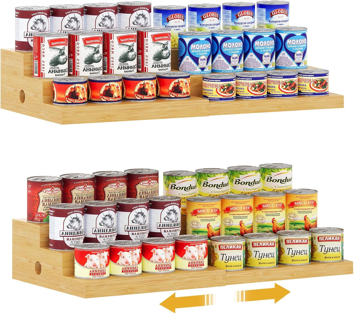 Expandable Bamboo Can Rack Organizer for Pantry, 3-Tier Adjustable Can Storage Holder, Soda Organizer Holds Up to 24 Cans, Canned goods Storage Display for Pantry, Cabinet, Countertop (patent pending)