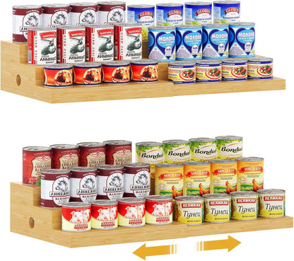 Expandable Bamboo Can Rack Organizer for Pantry, 3-Tier Adjustable Can Storage Holder, Soda Organizer Holds Up to 24 Cans, Canned goods Storage Display for Pantry, Cabinet, Countertop (patent pending)