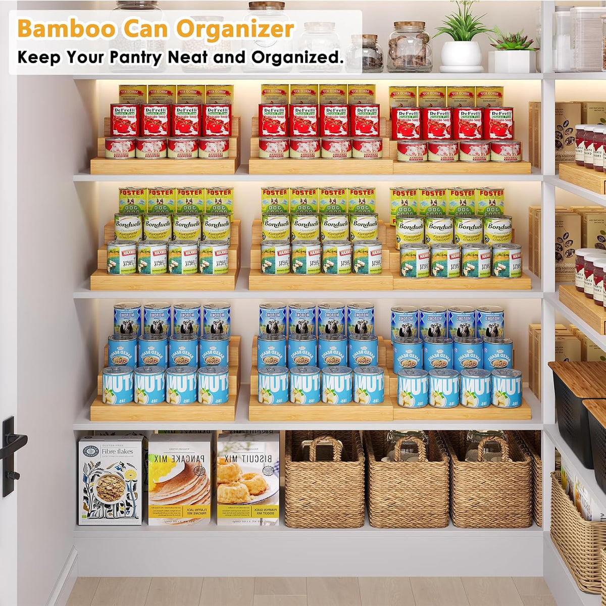 Expandable Bamboo Can Rack Organizer for Pantry, 3-Tier Adjustable Can Storage Holder, Soda Organizer Holds Up to 24 Cans, Canned goods Storage Display for Pantry, Cabinet, Countertop (patent pending)