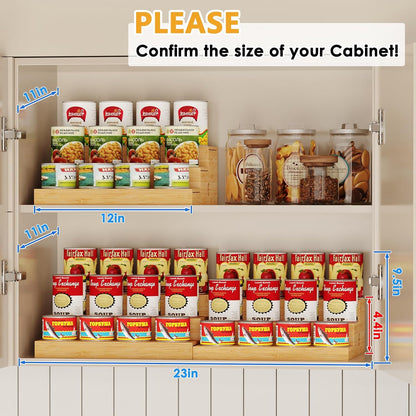 Expandable Bamboo Can Rack Organizer for Pantry, 3-Tier Adjustable Can Storage Holder, Soda Organizer Holds Up to 24 Cans, Canned goods Storage Display for Pantry, Cabinet, Countertop (patent pending)