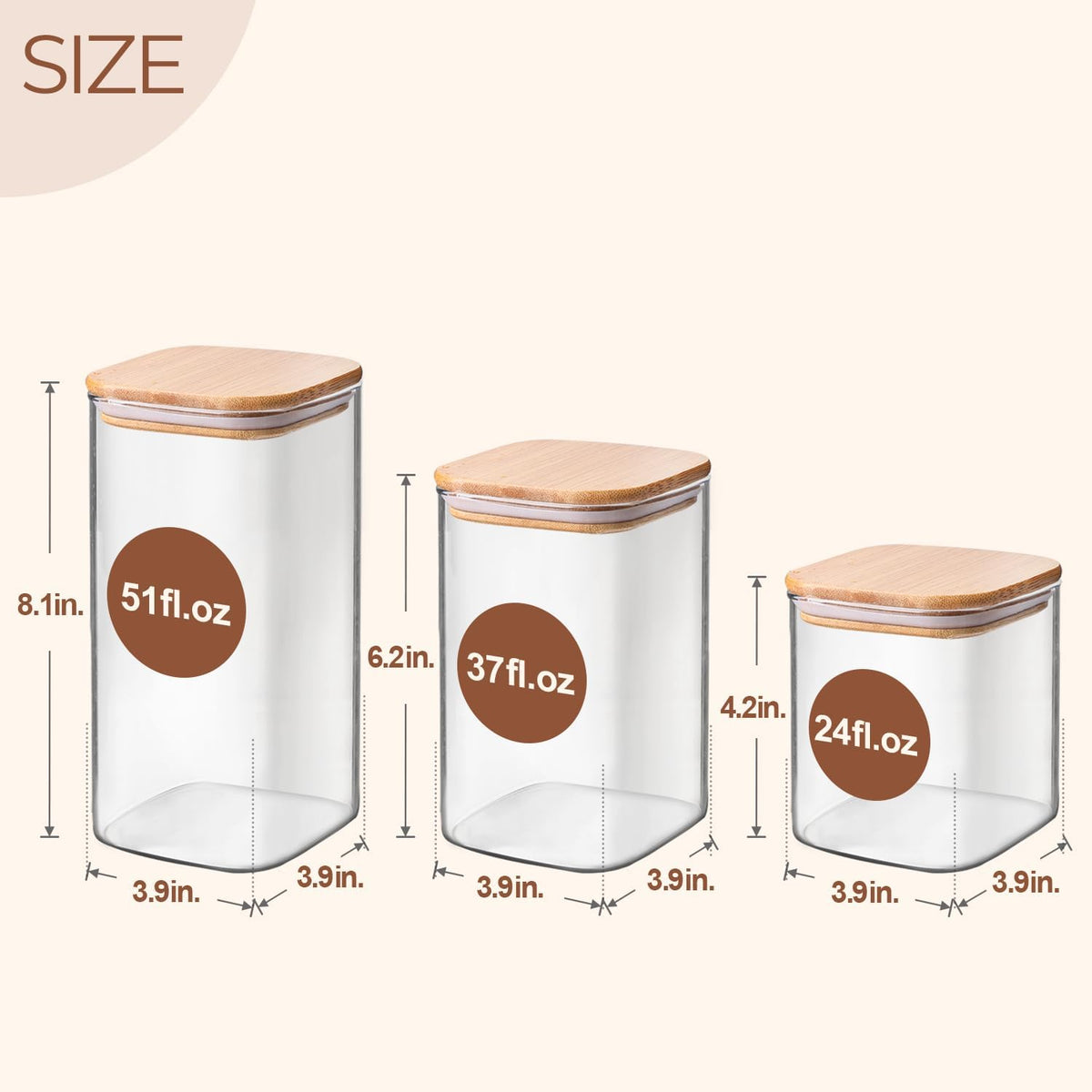 Glass Pantry Storage Containers (0.7Qt/1.2Qt/1.6Qt) Set of 6, Square