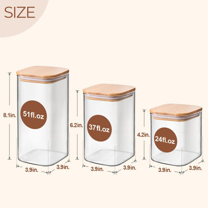 Glass Pantry Storage Containers (0.7Qt/1.2Qt/1.6Qt) Set of 6, Square