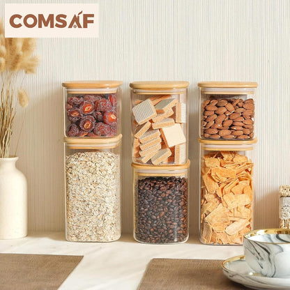Glass Pantry Storage Containers (0.7Qt/1.2Qt/1.6Qt) Set of 6, Square