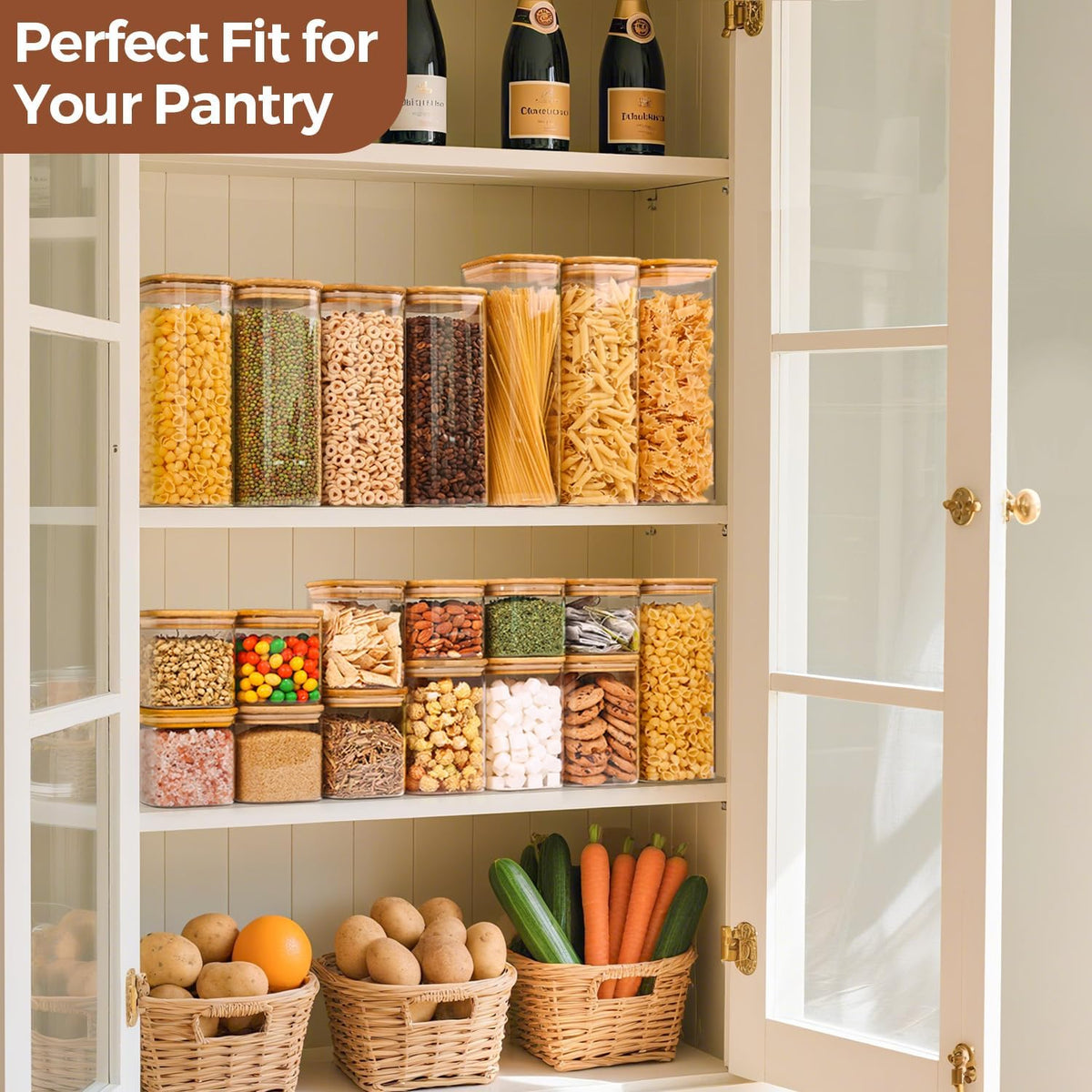 Glass Pantry Storage Containers (0.7Qt/1.2Qt/1.6Qt) Set of 6, Square