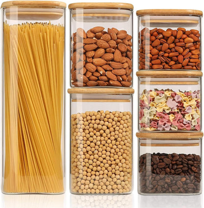 Glass Pantry Storage Containers (0.7Qt/1.2Qt/1.6Qt) Set of 6, Square