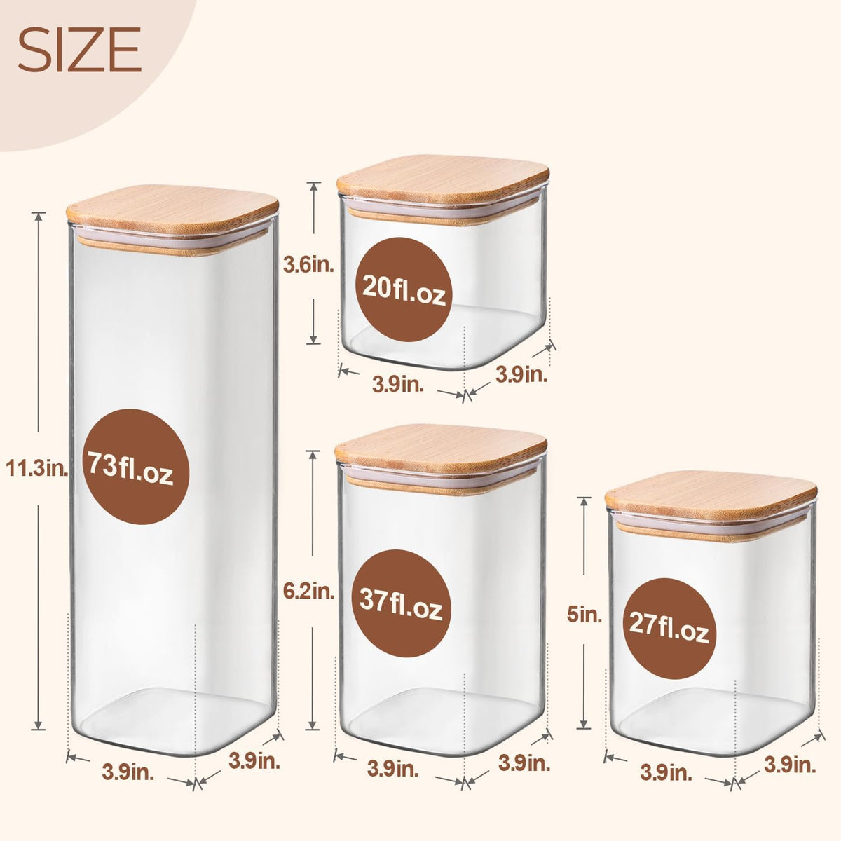 Glass Pantry Storage Containers (0.7Qt/1.2Qt/1.6Qt) Set of 6, Square
