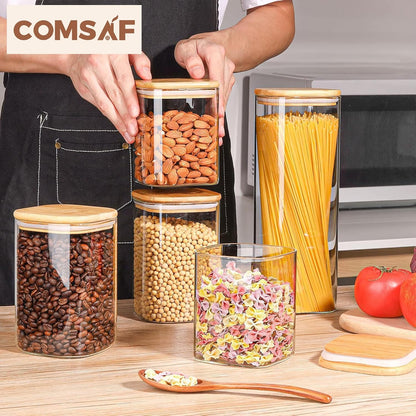 Glass Pantry Storage Containers (0.7Qt/1.2Qt/1.6Qt) Set of 6, Square