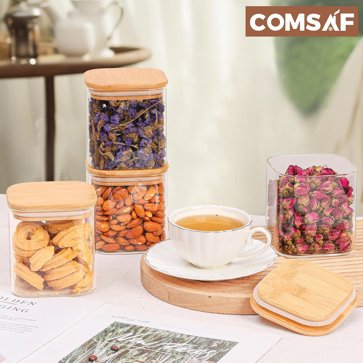 Glass Pantry Storage Containers (0.7Qt/1.2Qt/1.6Qt) Set of 6, Square
