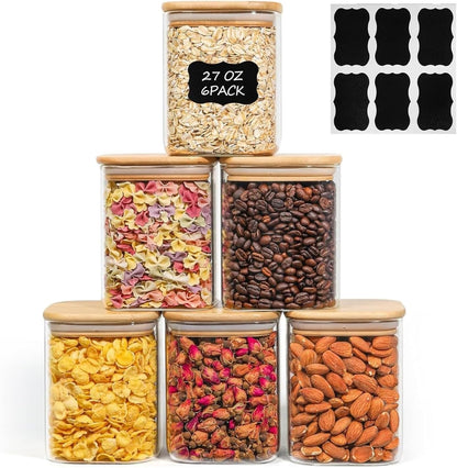 Glass Pantry Storage Containers (0.7Qt/1.2Qt/1.6Qt) Set of 6, Square