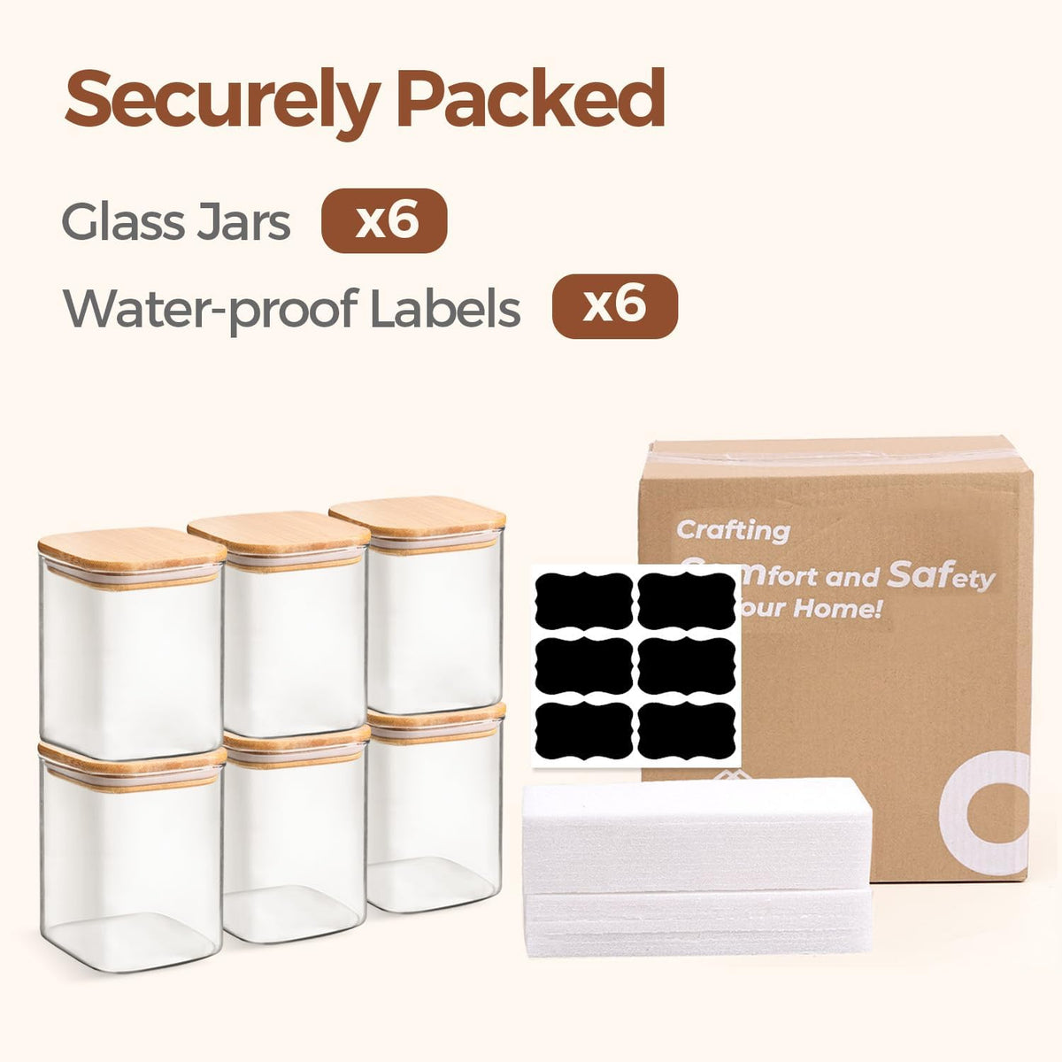 Glass Pantry Storage Containers (0.7Qt/1.2Qt/1.6Qt) Set of 6, Square