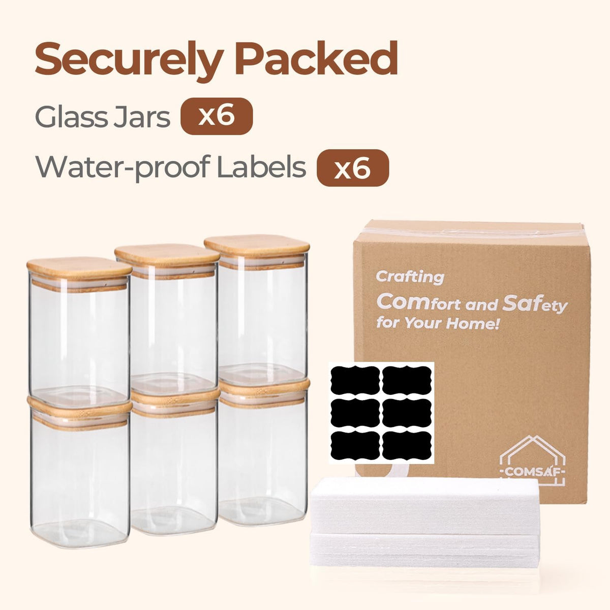 Glass Pantry Storage Containers (0.7Qt/1.2Qt/1.6Qt) Set of 6, Square