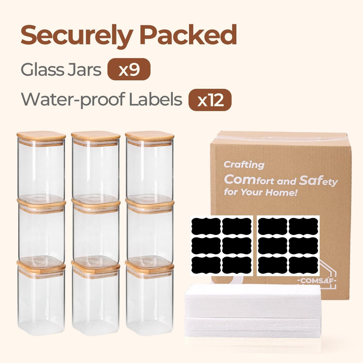 Glass Pantry Storage Containers (0.7Qt/1.2Qt/1.6Qt) Set of 6, Square
