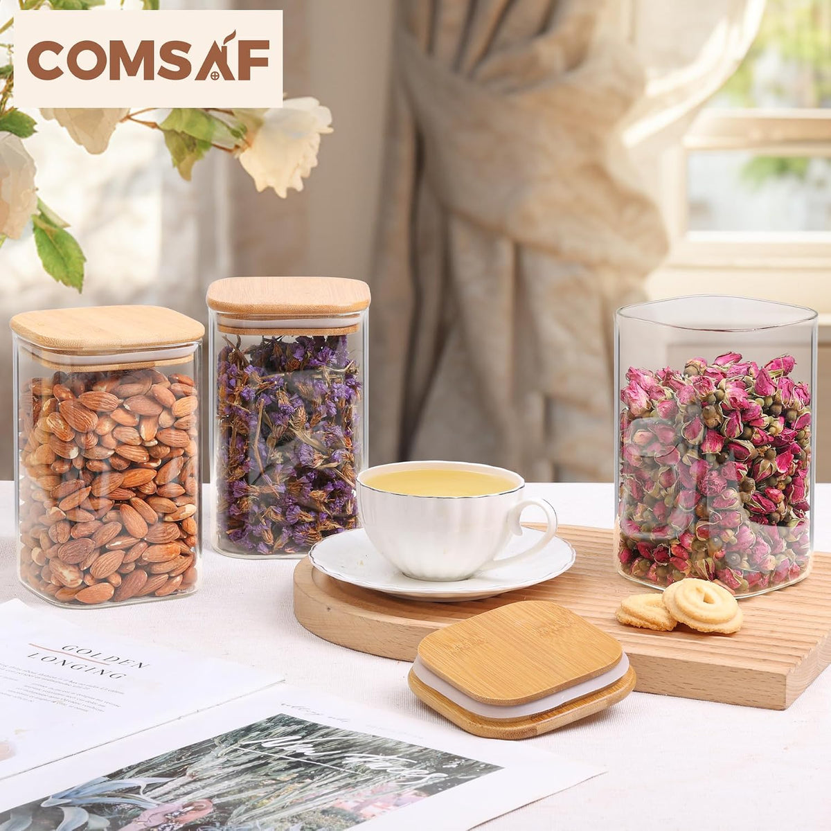 Glass Pantry Storage Containers (0.7Qt/1.2Qt/1.6Qt) Set of 6, Square