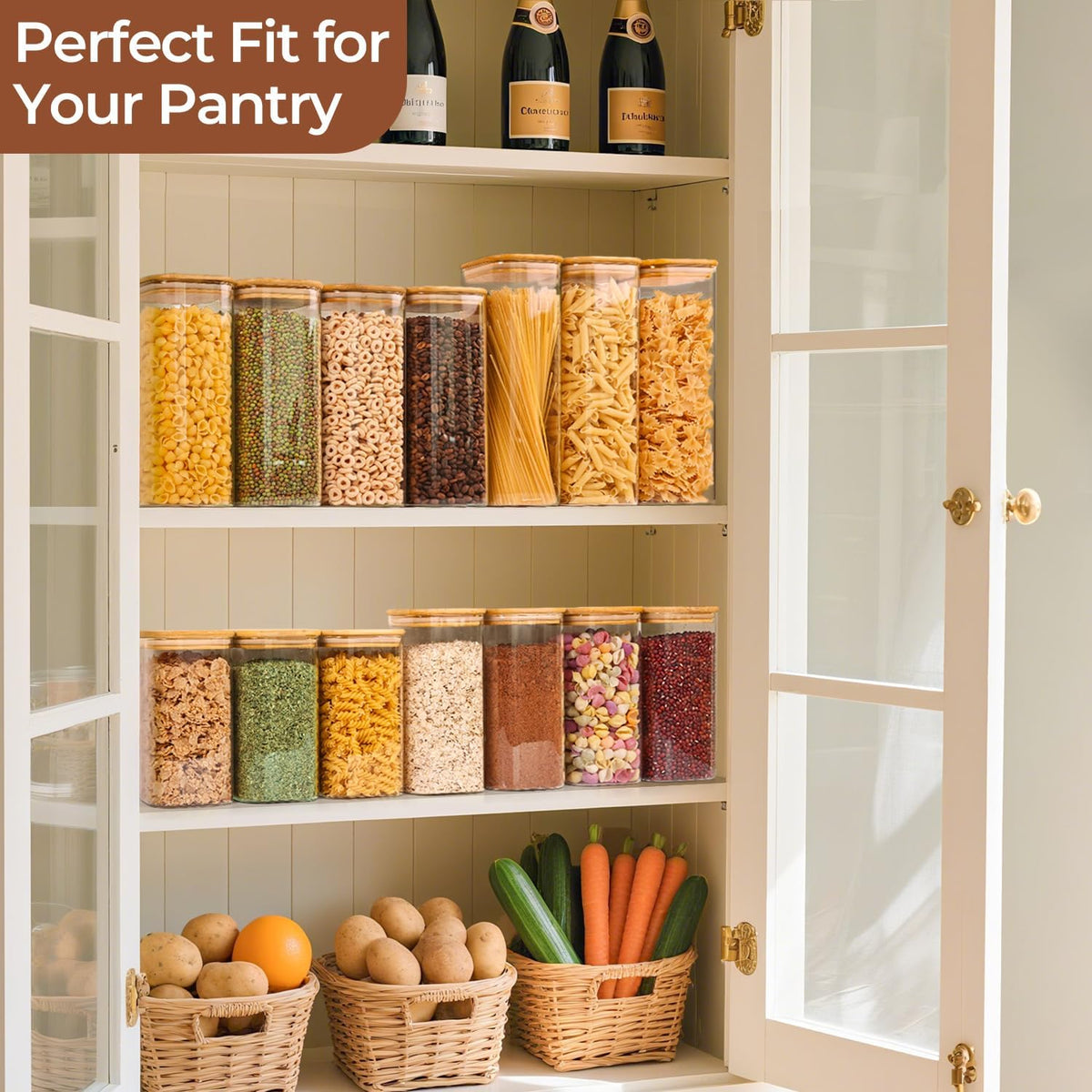 Glass Pantry Storage Containers (0.7Qt/1.2Qt/1.6Qt) Set of 6, Square