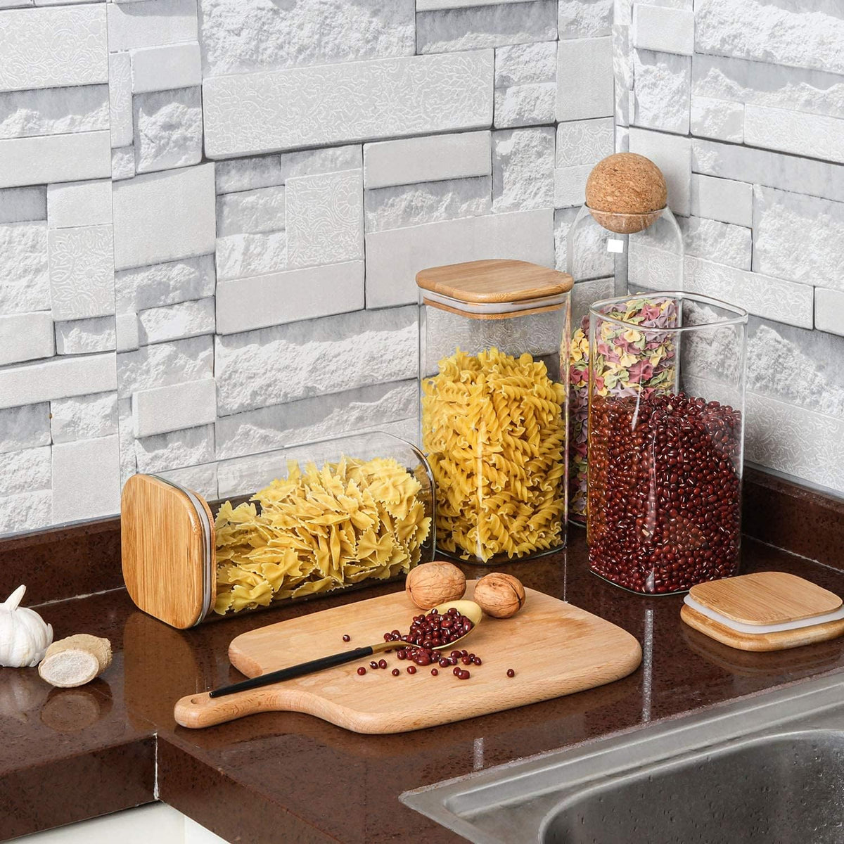 Glass Pantry Storage Containers (0.7Qt/1.2Qt/1.6Qt) Set of 6, Square
