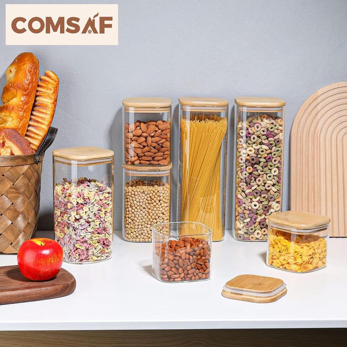 Glass Pantry Storage Containers (0.7Qt/1.2Qt/1.6Qt) Set of 6, Square
