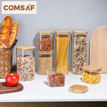 Glass Pantry Storage Containers (0.7Qt/1.2Qt/1.6Qt) Set of 6, Square