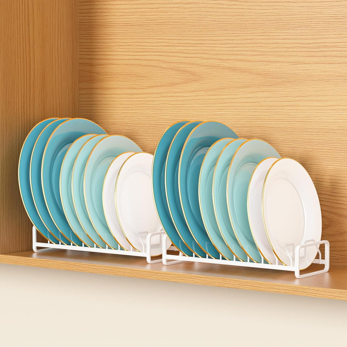 Plate Organizer for Cabinet -2Pack,Dish Rack Organizer for Cabinet Kitchen Countertop Drawer Space Saver，8 Slots Vertical Dish Plate Holder Storage Rack, Kitchen Housewarming Gifts for Women (White)