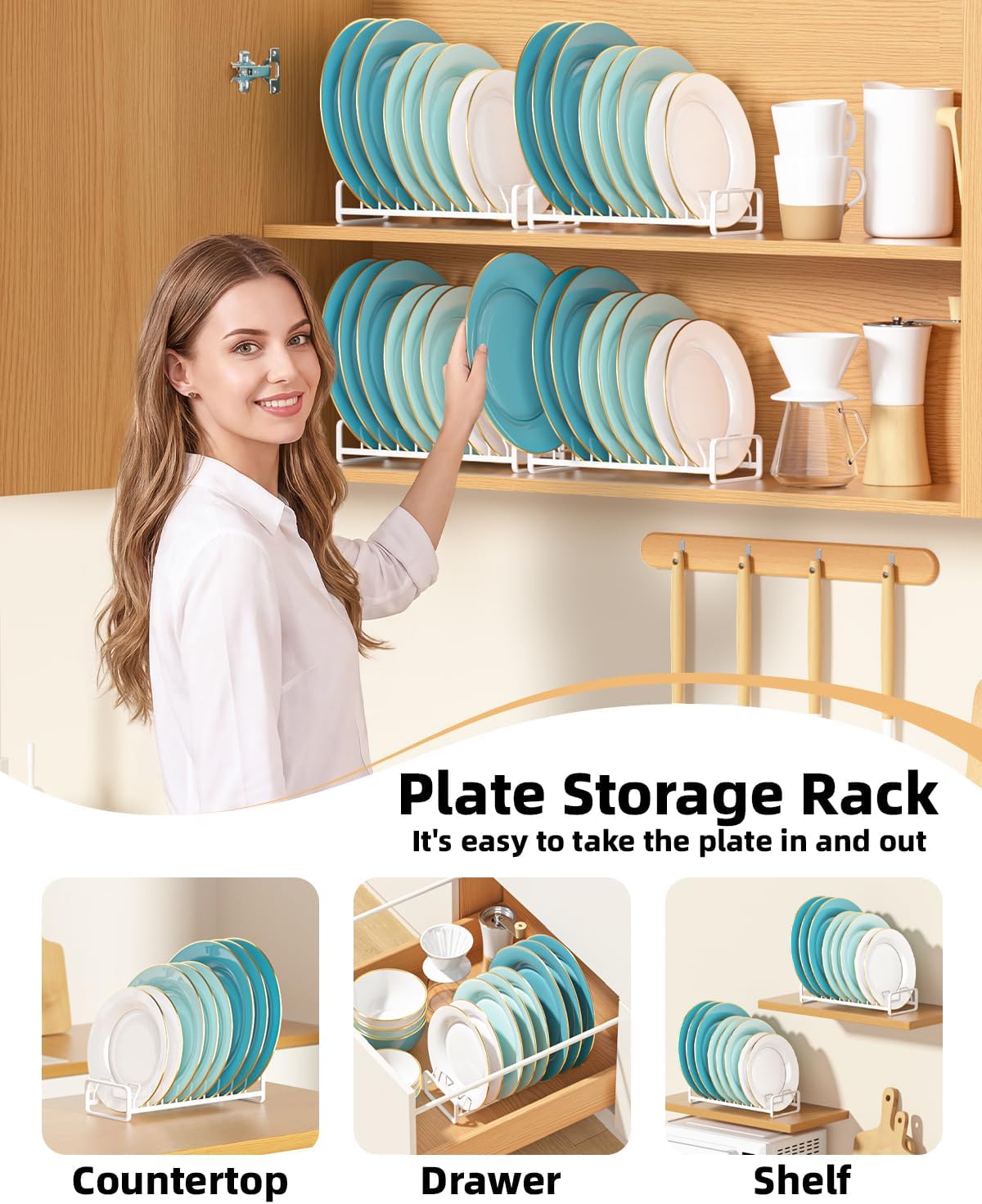 Plate Organizer for Cabinet -2Pack,Dish Rack Organizer for Cabinet Kitchen Countertop Drawer Space Saver，8 Slots Vertical Dish Plate Holder Storage Rack, Kitchen Housewarming Gifts for Women (White)