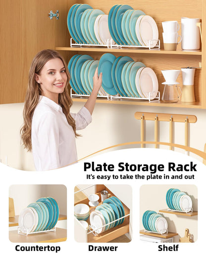 Plate Organizer for Cabinet -2Pack,Dish Rack Organizer for Cabinet Kitchen Countertop Drawer Space Saver，8 Slots Vertical Dish Plate Holder Storage Rack, Kitchen Housewarming Gifts for Women (White)