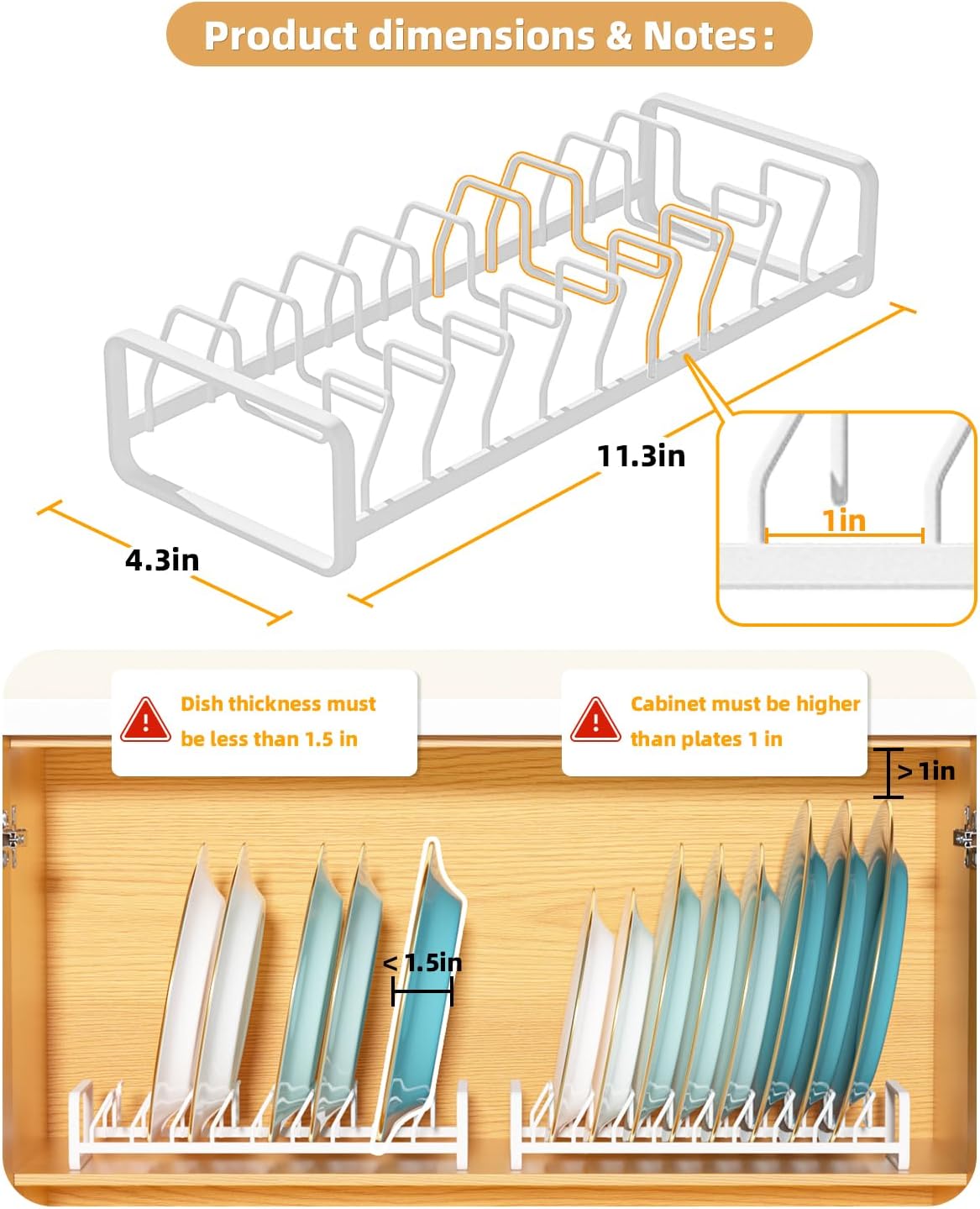 Plate Organizer for Cabinet -2Pack,Dish Rack Organizer for Cabinet Kitchen Countertop Drawer Space Saver，8 Slots Vertical Dish Plate Holder Storage Rack, Kitchen Housewarming Gifts for Women (White)