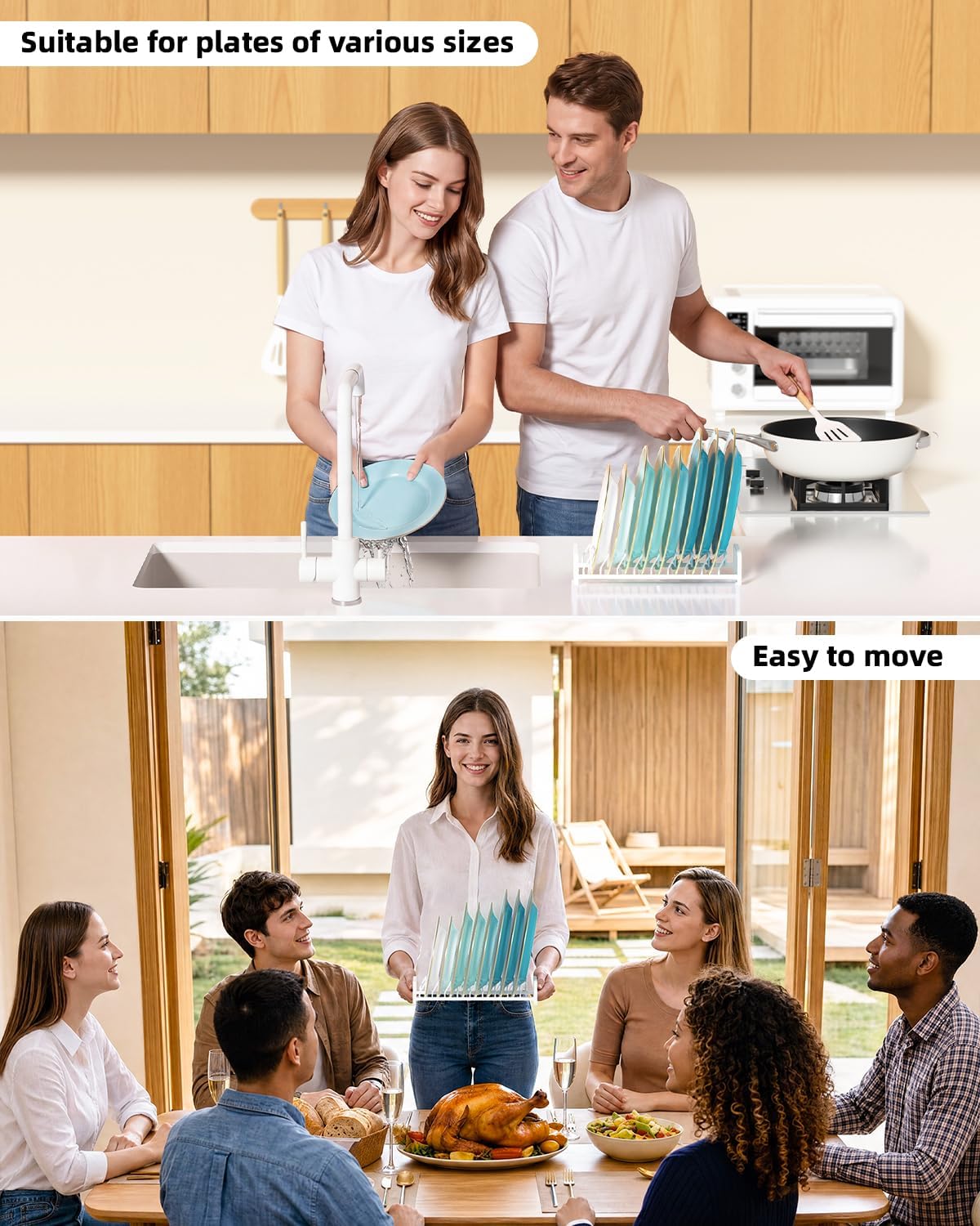 Plate Organizer for Cabinet -2Pack,Dish Rack Organizer for Cabinet Kitchen Countertop Drawer Space Saver，8 Slots Vertical Dish Plate Holder Storage Rack, Kitchen Housewarming Gifts for Women (White)