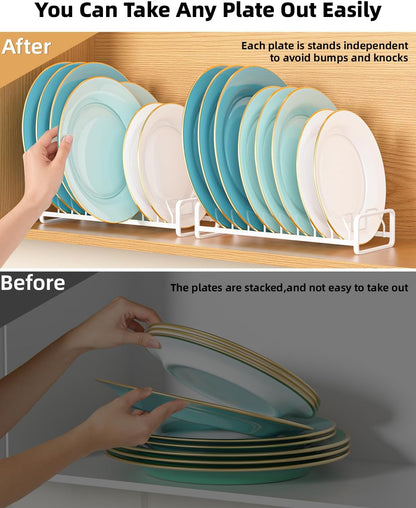 Plate Organizer for Cabinet -2Pack,Dish Rack Organizer for Cabinet Kitchen Countertop Drawer Space Saver，8 Slots Vertical Dish Plate Holder Storage Rack, Kitchen Housewarming Gifts for Women (White)