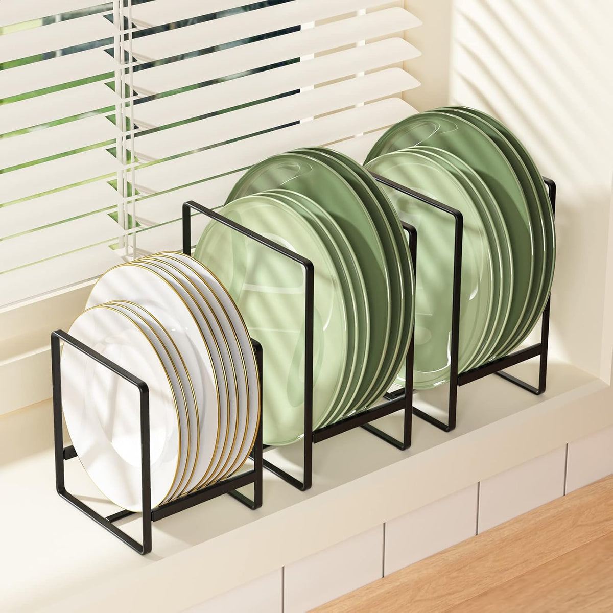 Plate Organizer for Cabinet -2Pack,Dish Rack Organizer for Cabinet Kitchen Countertop Drawer Space Saver，8 Slots Vertical Dish Plate Holder Storage Rack, Kitchen Housewarming Gifts for Women (White)