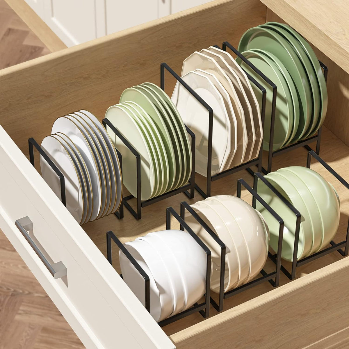 Plate Organizer for Cabinet -2Pack,Dish Rack Organizer for Cabinet Kitchen Countertop Drawer Space Saver，8 Slots Vertical Dish Plate Holder Storage Rack, Kitchen Housewarming Gifts for Women (White)
