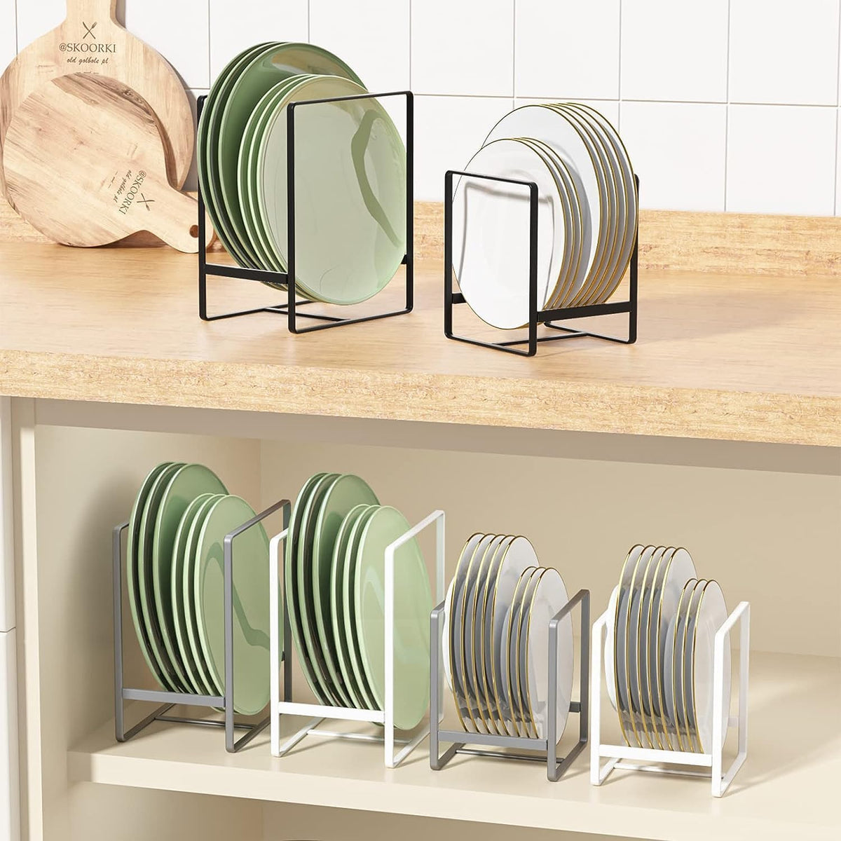 Plate Organizer for Cabinet -2Pack,Dish Rack Organizer for Cabinet Kitchen Countertop Drawer Space Saver，8 Slots Vertical Dish Plate Holder Storage Rack, Kitchen Housewarming Gifts for Women (White)