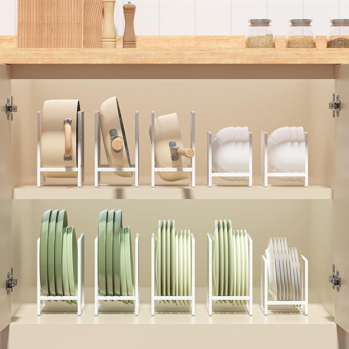 Plate Organizer for Cabinet -2Pack,Dish Rack Organizer for Cabinet Kitchen Countertop Drawer Space Saver，8 Slots Vertical Dish Plate Holder Storage Rack, Kitchen Housewarming Gifts for Women (White)