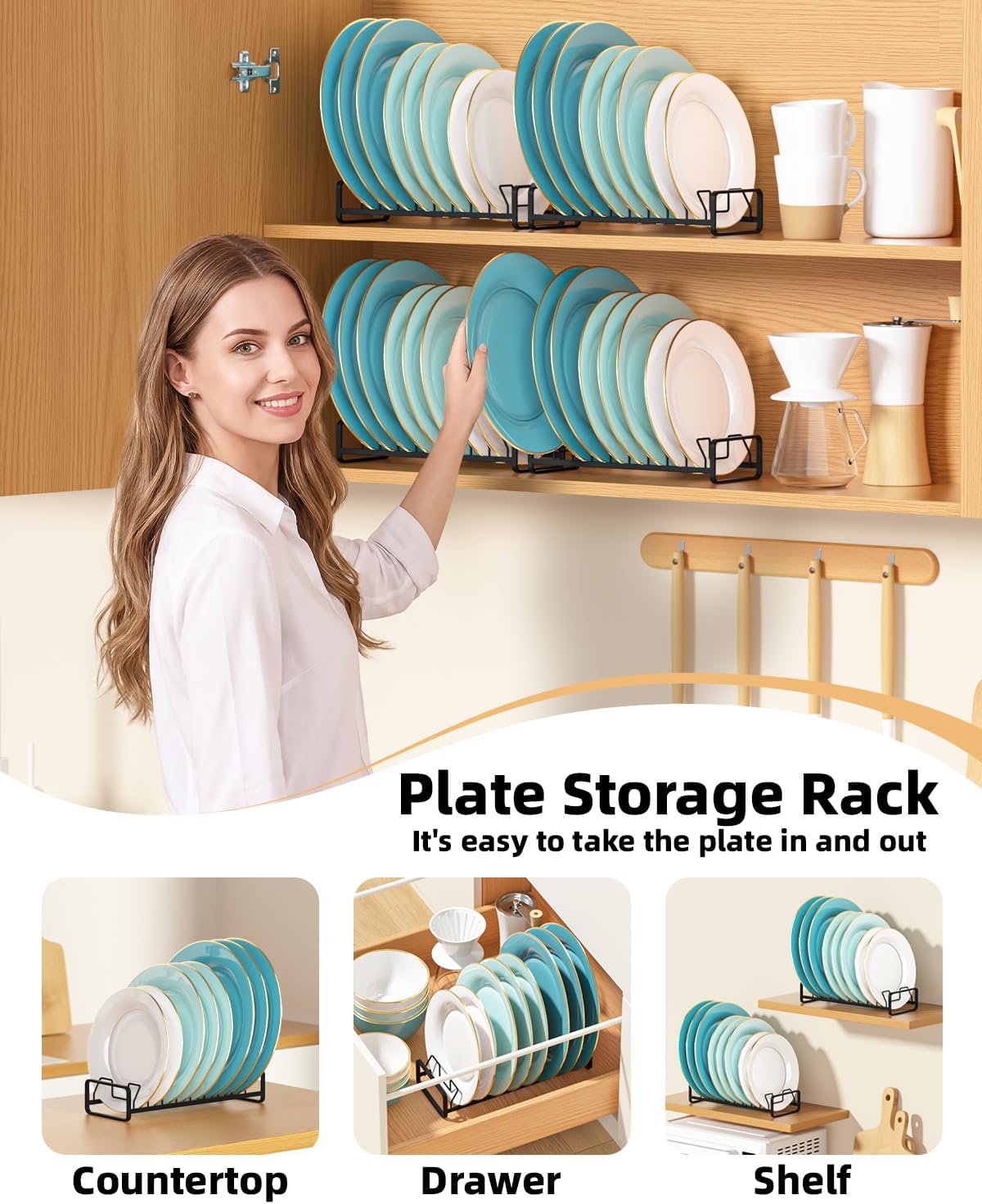 Plate Organizer for Cabinet -2Pack,Dish Rack Organizer for Cabinet Kitchen Countertop Drawer Space Saver，8 Slots Vertical Dish Plate Holder Storage Rack, Kitchen Housewarming Gifts for Women (White)