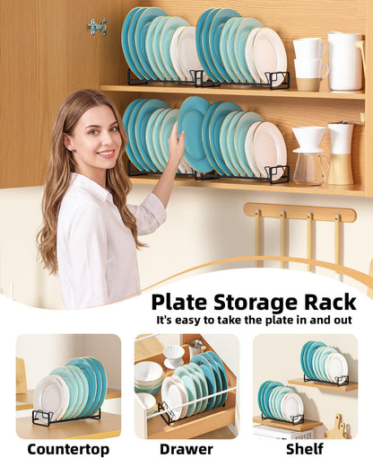Plate Organizer for Cabinet -2Pack,Dish Rack Organizer for Cabinet Kitchen Countertop Drawer Space Saver，8 Slots Vertical Dish Plate Holder Storage Rack, Kitchen Housewarming Gifts for Women (White)