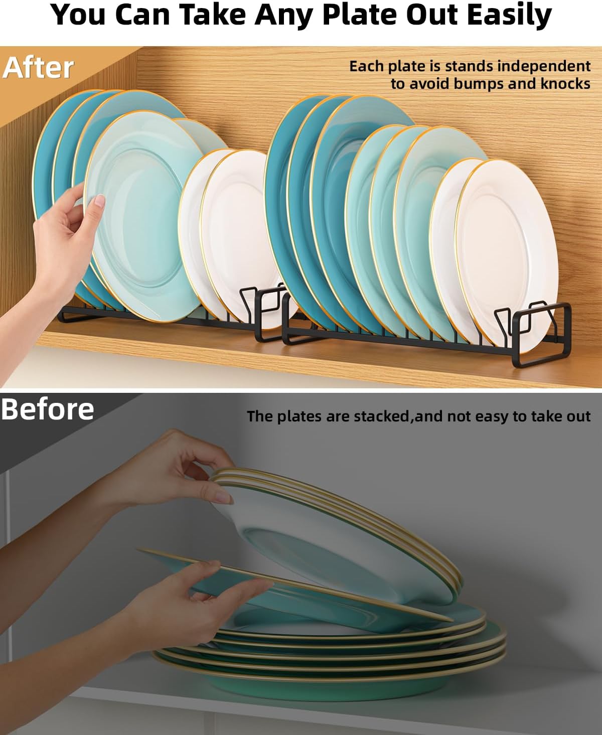 Plate Organizer for Cabinet -2Pack,Dish Rack Organizer for Cabinet Kitchen Countertop Drawer Space Saver，8 Slots Vertical Dish Plate Holder Storage Rack, Kitchen Housewarming Gifts for Women (White)
