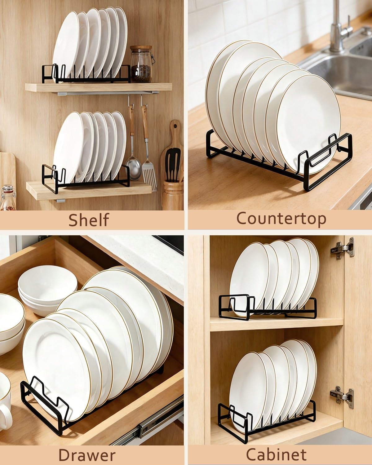 Plate Organizer for Cabinet -2Pack,Dish Rack Organizer for Cabinet Kitchen Countertop Drawer Space Saver，8 Slots Vertical Dish Plate Holder Storage Rack, Kitchen Housewarming Gifts for Women (White)