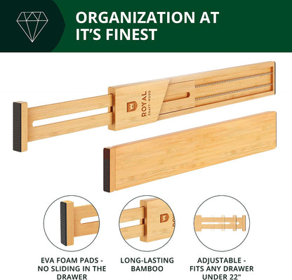 Bamboo Drawer Dividers Organizers, Adjustable Drawer Separator Splitters, 17–22 Inches Expandable Drawer Divider Organizer for Large Utensils, Kitchen, Bedroom, Dresser & Office Drawers 4-Pack